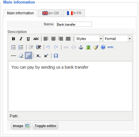 Bank transfer payment Informations