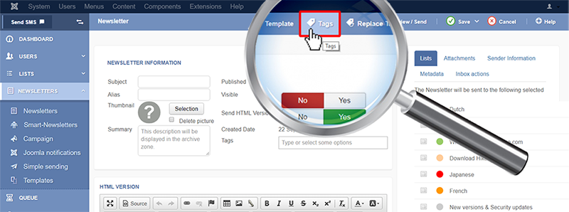 Insert a tag in an Acymailing newsletter