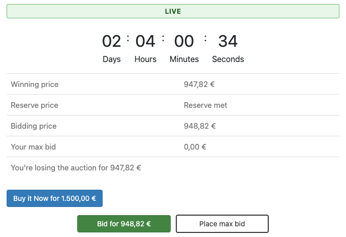 The bid box of a live auction with a Buy it Now for 1,500 euros button above the Bid and Place max bid buttons