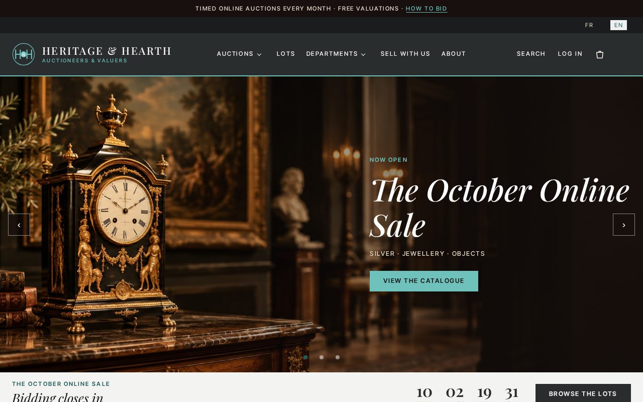 The home page of Heritage and Hearth with the Gallery preset: graphite header, teal accents and a serif headline