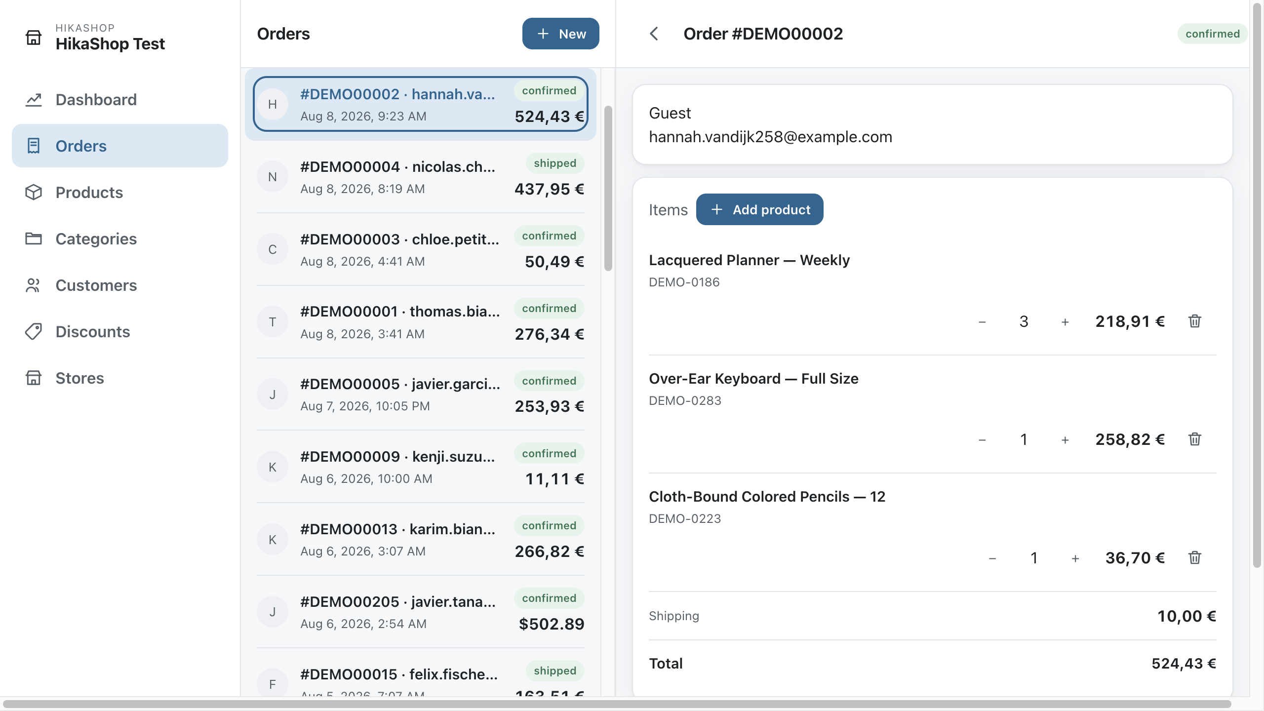 The order listing of the HikaShop application