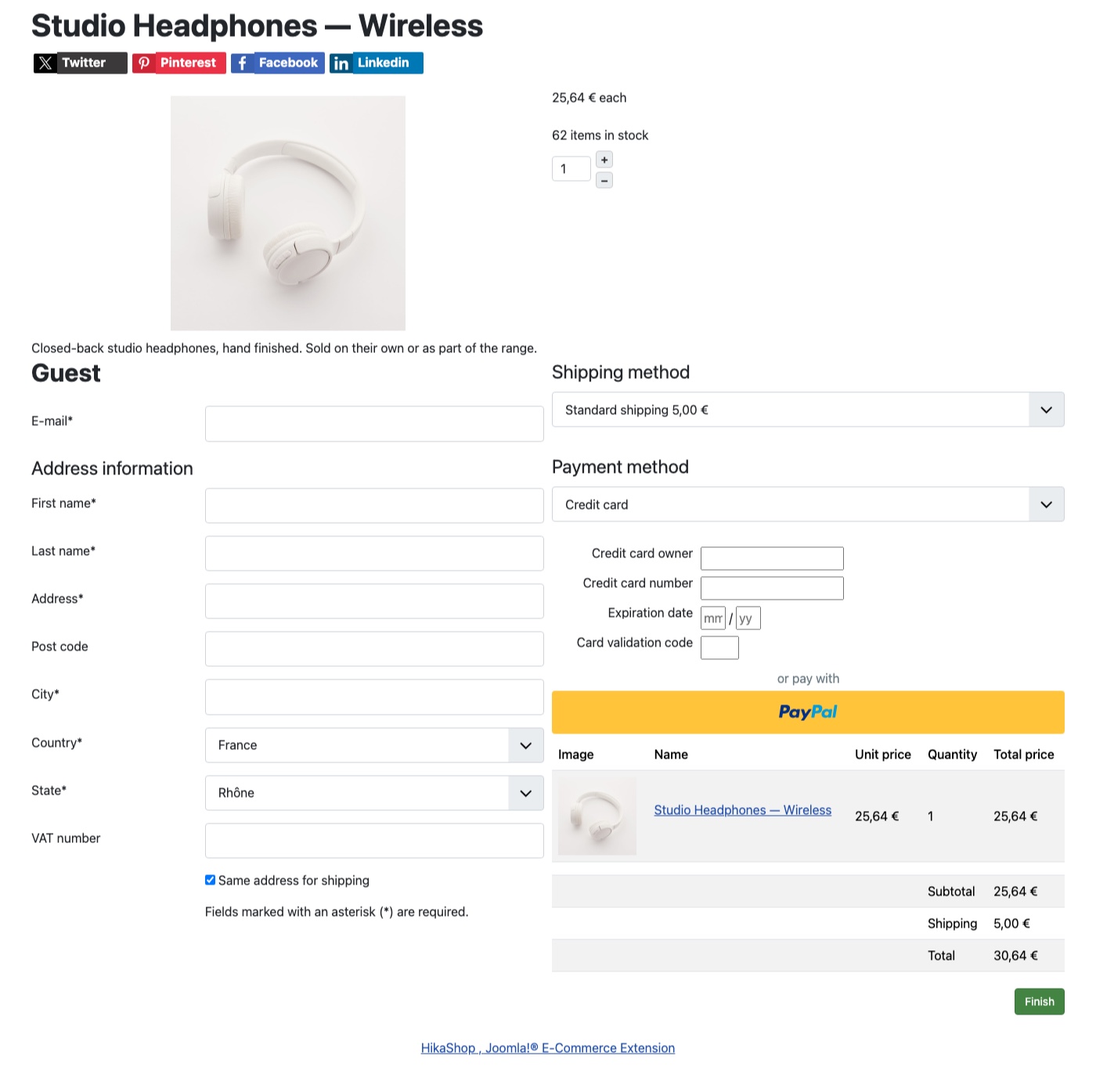 A product page carrying the whole checkout: the guest form on the left, the shipping, the credit card fields, the total and a PayPal button on the right