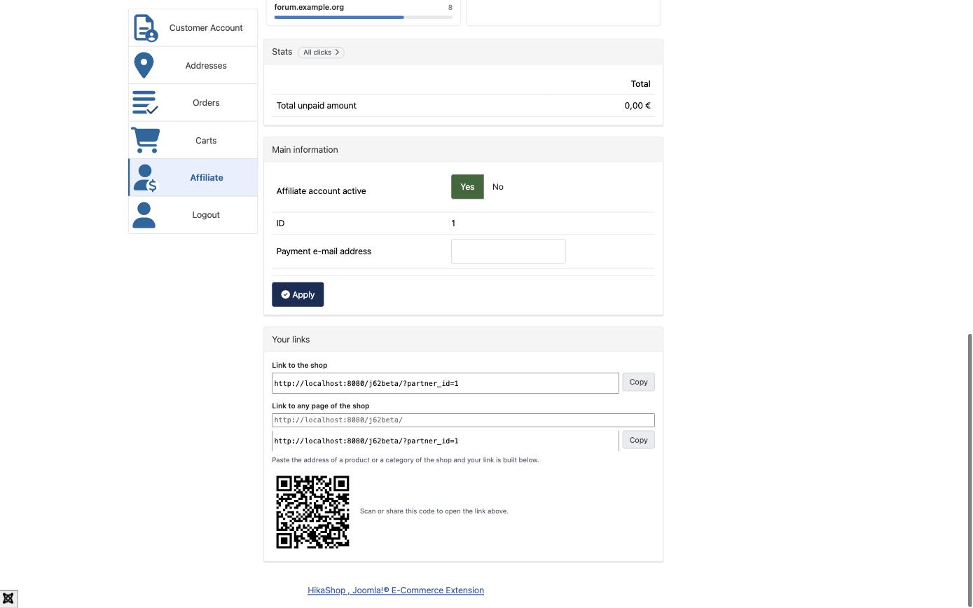 The links section of the affiliate page, with the QR code of the affiliate link