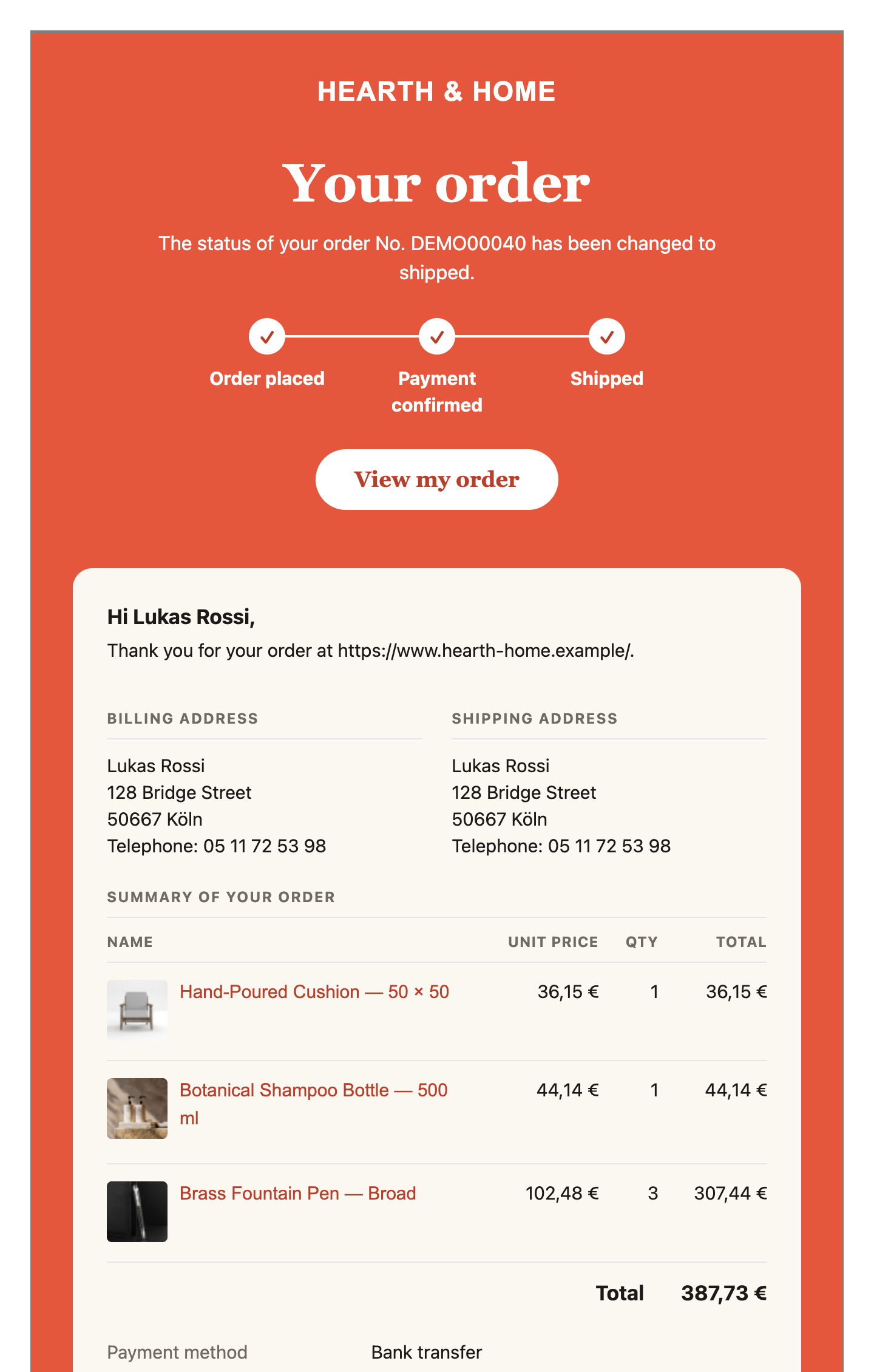 An order status email with the bold template: the shop name, the title, the progress of the order as three steps, a button to the order, then the addresses and the products ordered