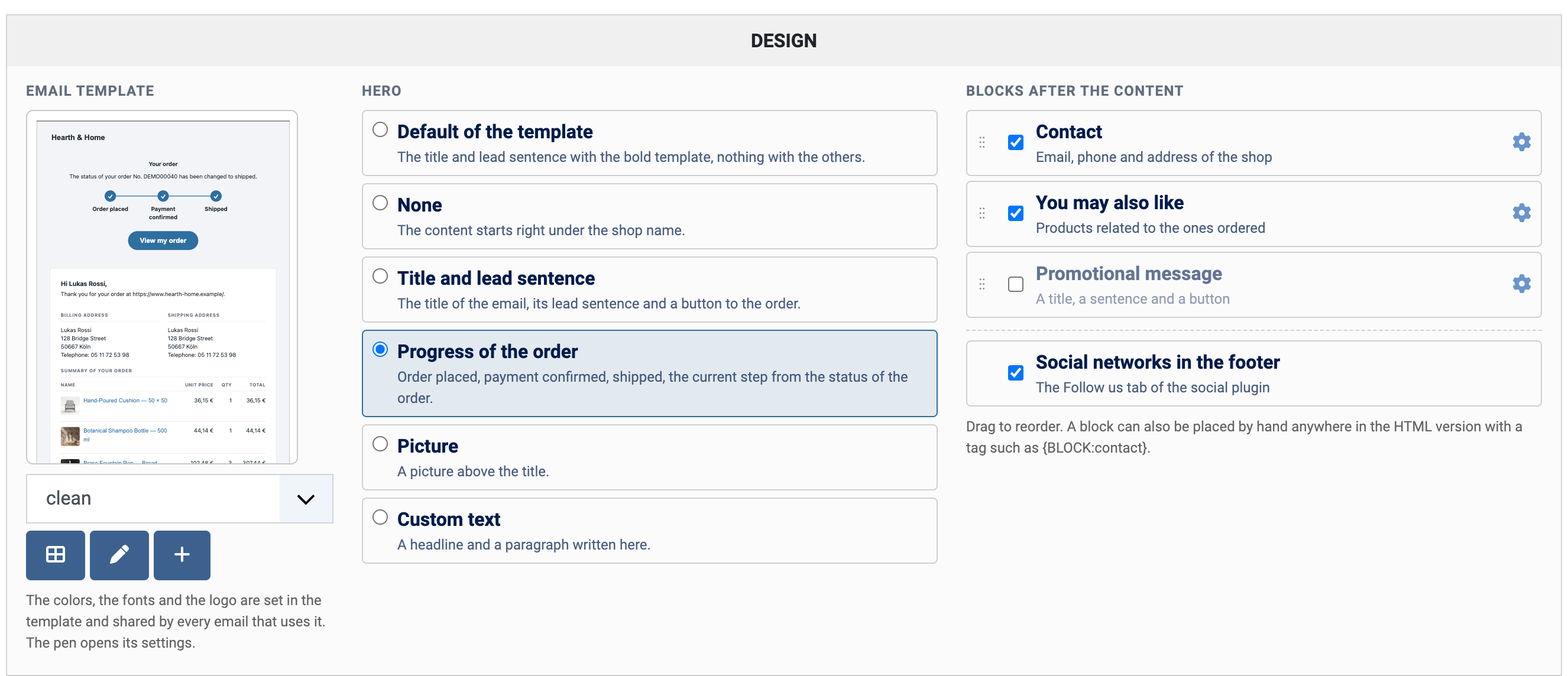 The Design tile of the email edit page: the template with its thumbnail, the choices of hero, and the blocks displayed after the content