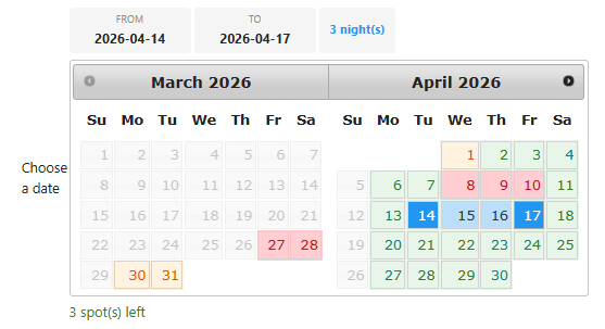 Date range booking on the product page with availability colors