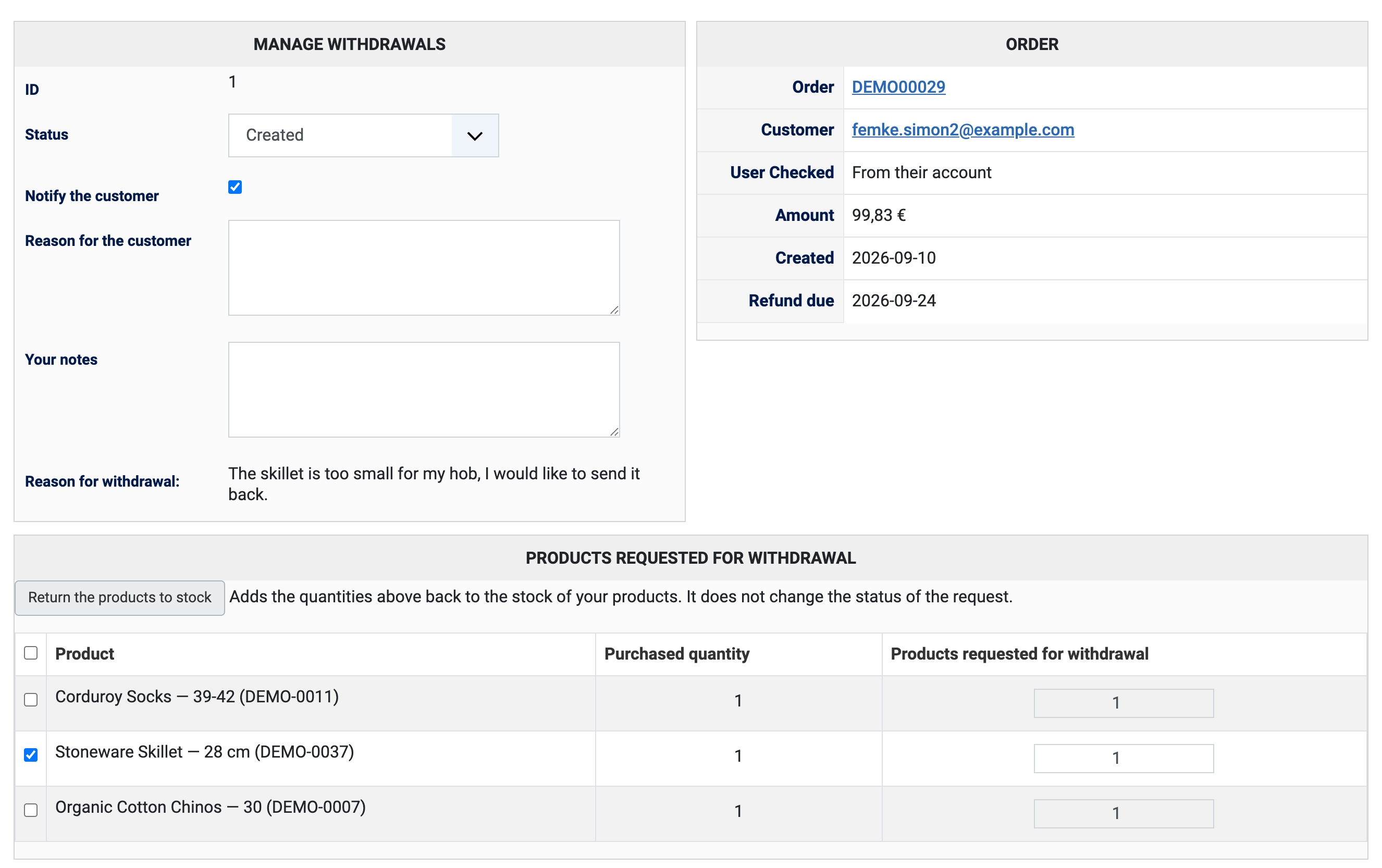 A withdrawal request, with its status, the texts to fill in and the products asked back