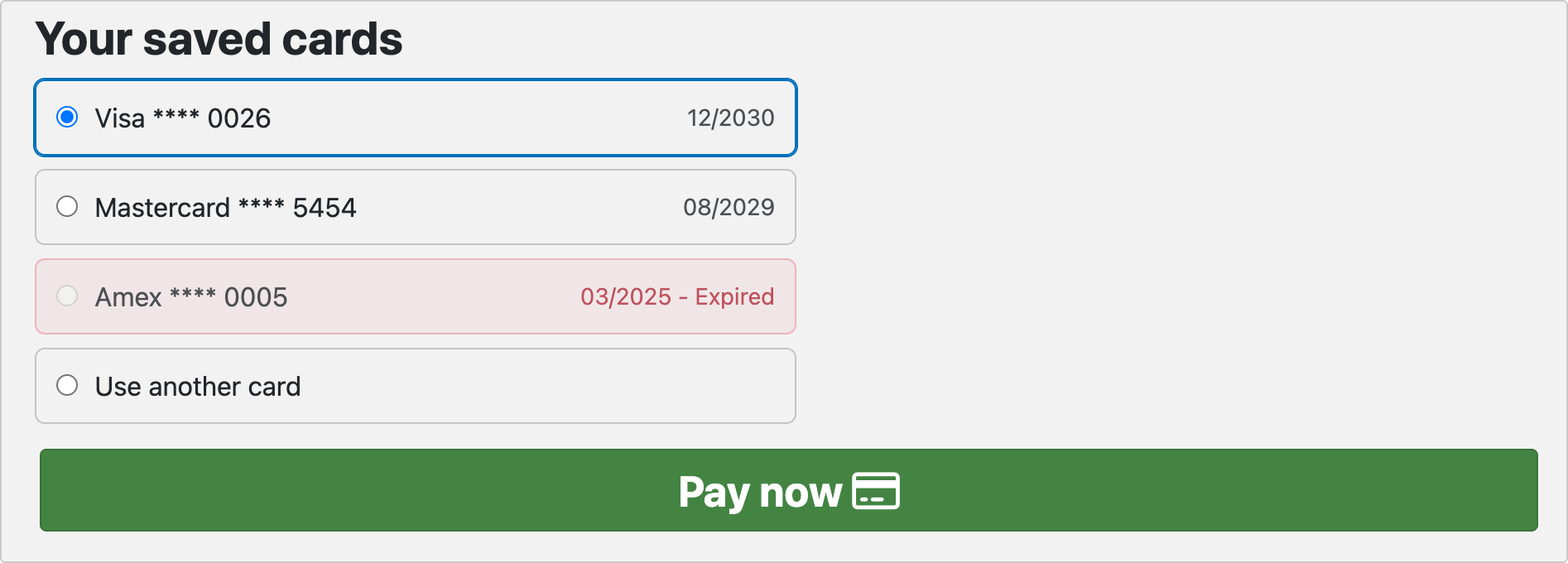 Saved cards on the PayPal Checkout payment page