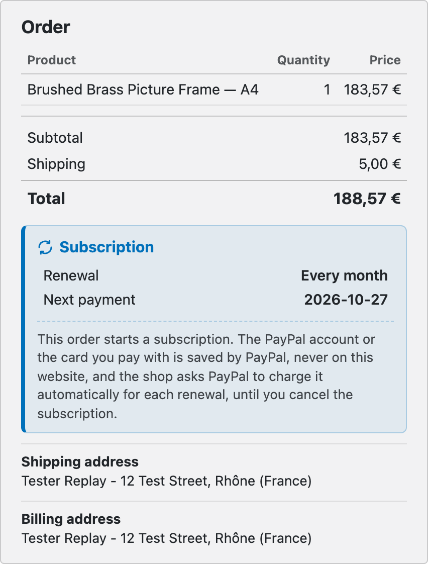 The subscription notice in the order summary of the payment page