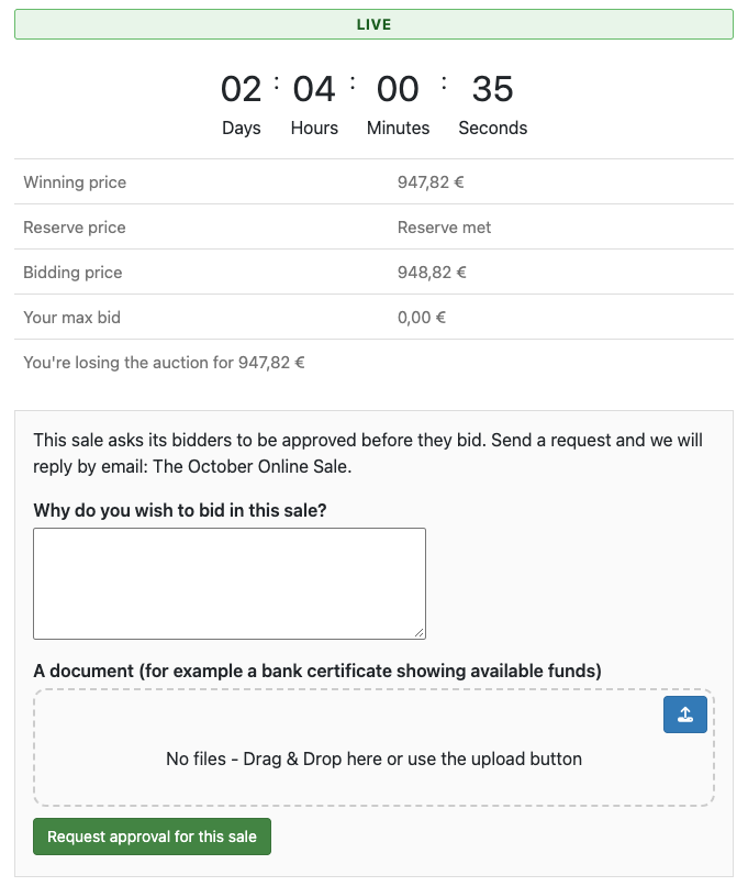 Approval request form on the product page