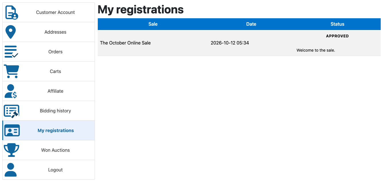 My registrations page of the customer account