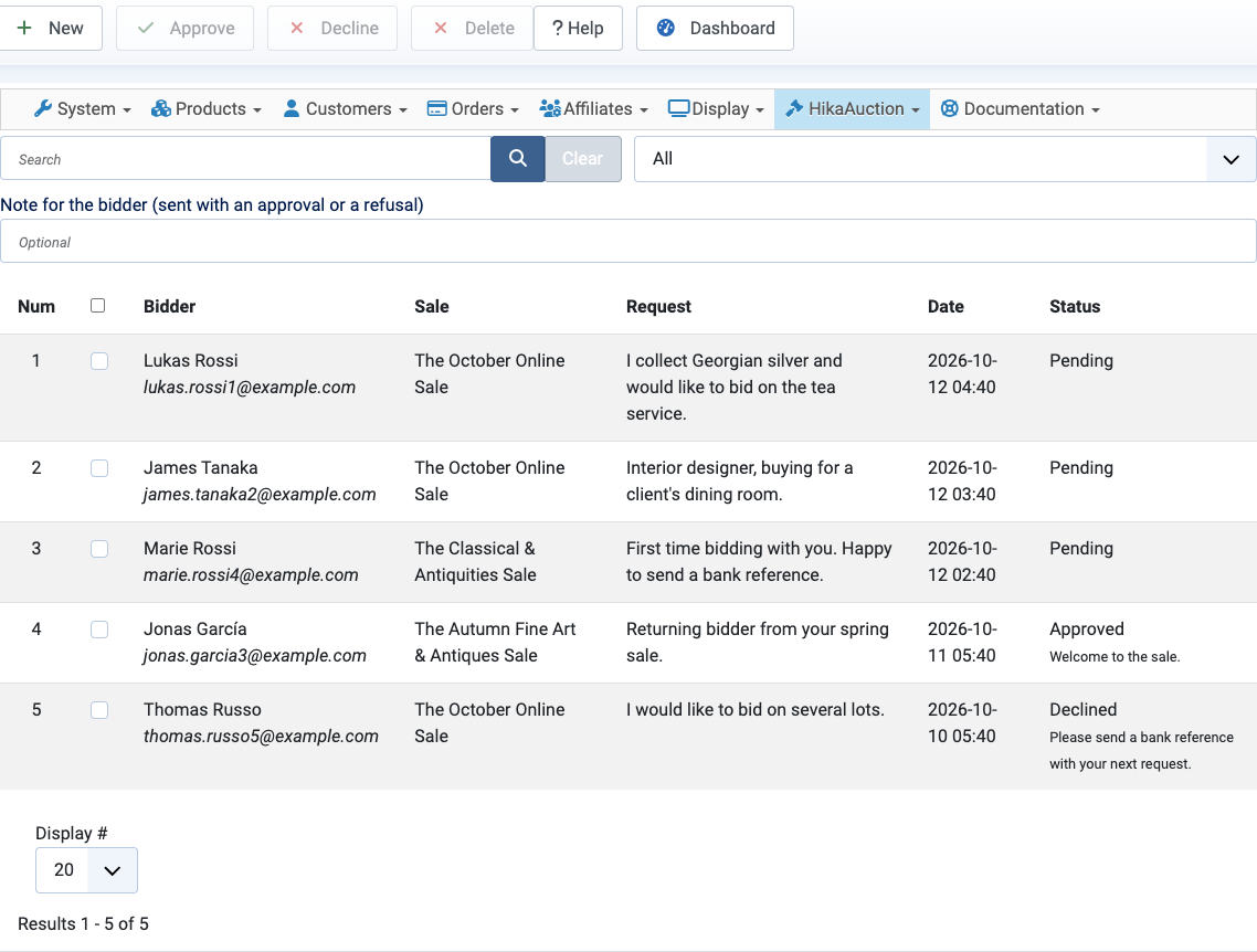 Bidder approvals in the backend