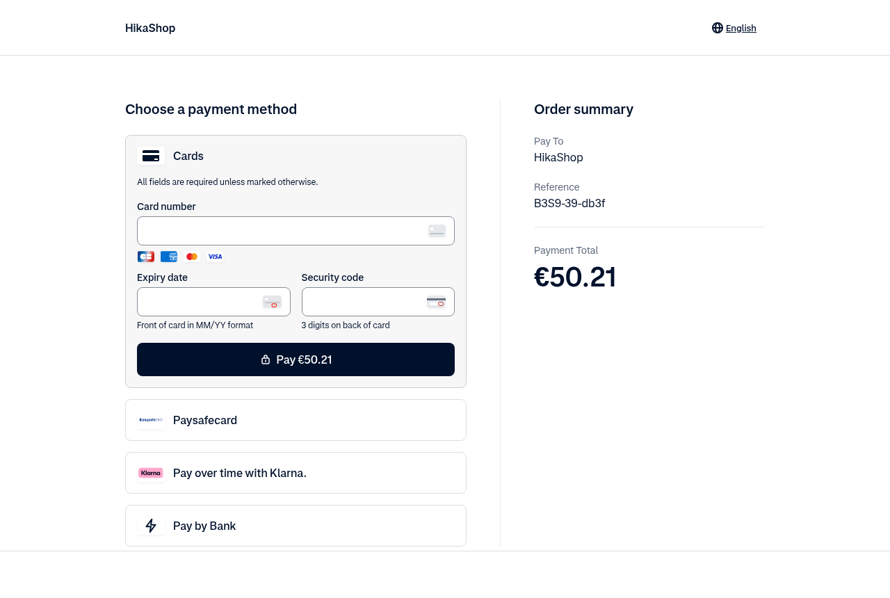 Adyen's hosted payment page with cards, Paysafecard and Pay by Bank, and the order total