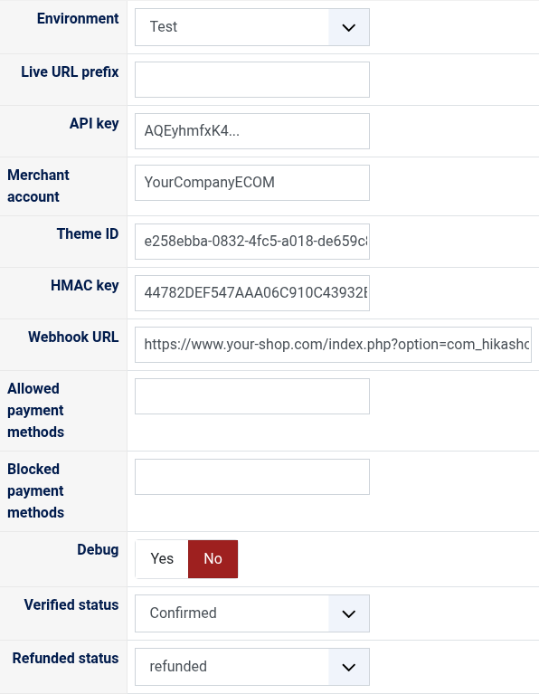 The settings of the Adyen payment method in HikaShop