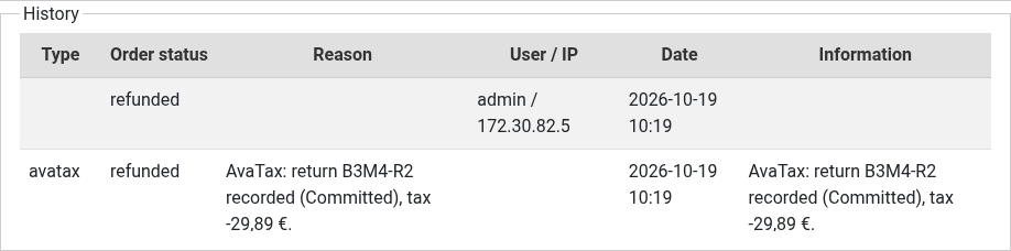 The history of an order in the backend: the return recorded in AvaTax when the order was refunded