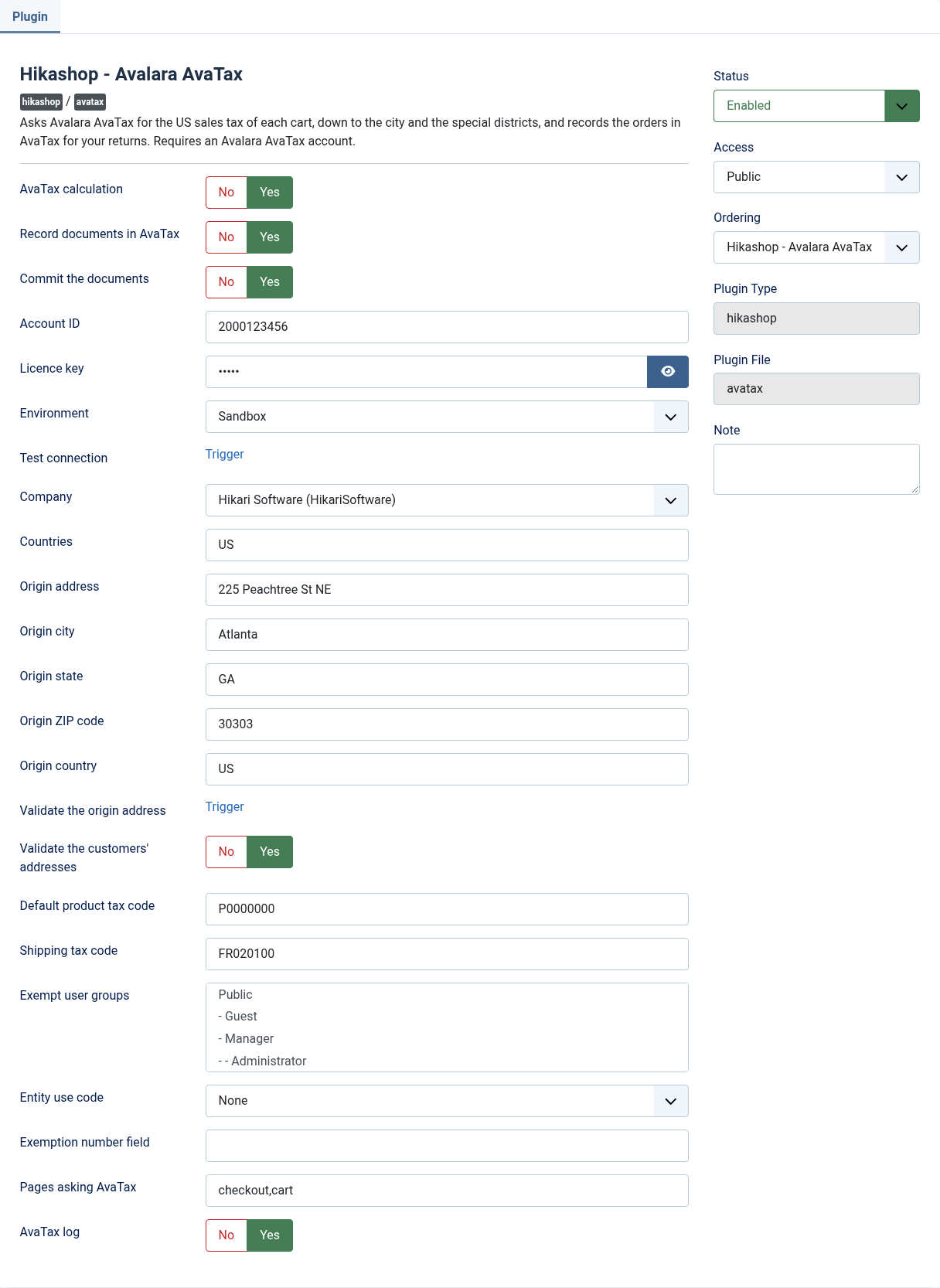 The settings of the plugin: switches, AvaTax account, company, origin address, tax codes, exemptions and log