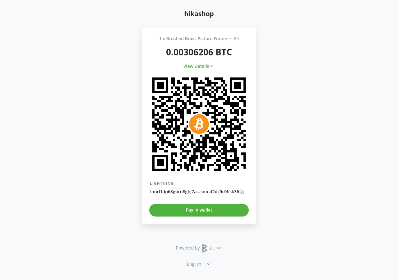The BTCPay Server payment page of an order, with its Bitcoin amount and QR code