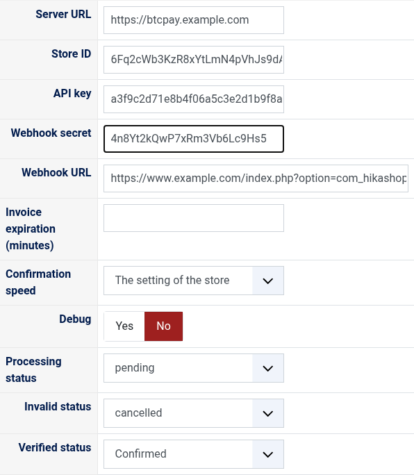 The settings of the BTCPay Server payment method in HikaShop