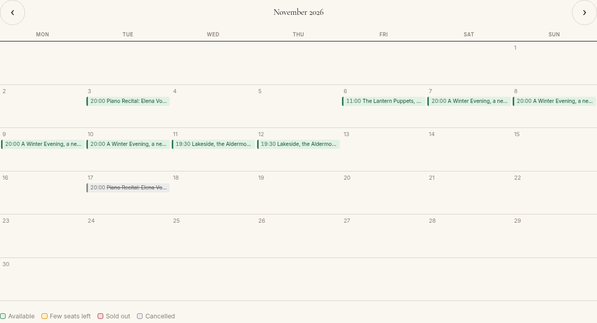 The calendar module showing November with the shows named in their days, coloured by availability, and a legend