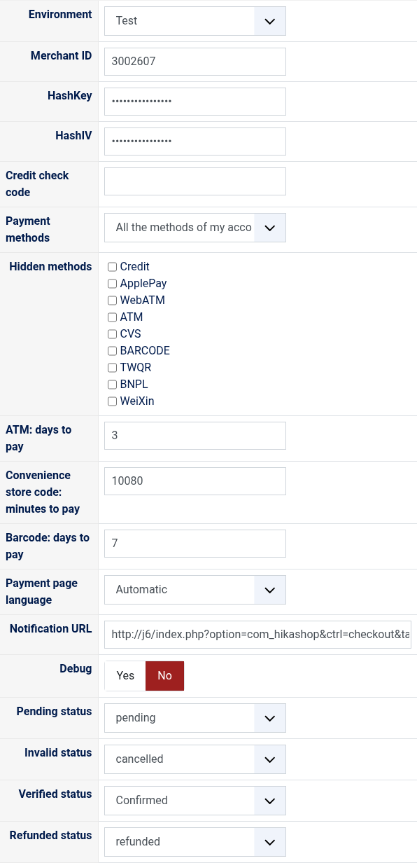 The settings of the ECPay payment method in HikaShop