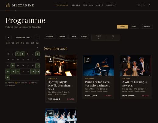Mezzanine template - The programme, a card for each show