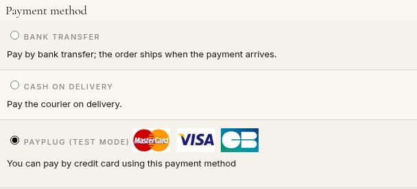 The PayPlug payment method at the checkout of HikaShop, with the Mastercard, Visa and CB logos