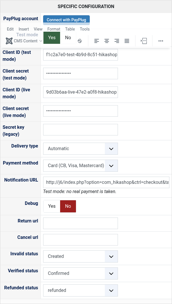 The settings of the PayPlug payment method in HikaShop, with the Connect with PayPlug button and the clients of the test and live modes
