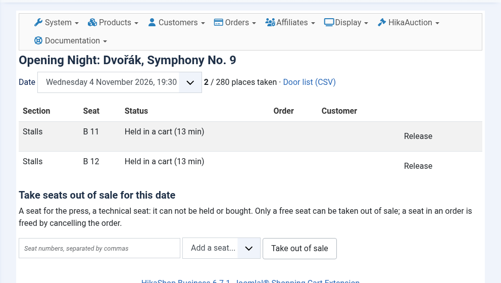 The box office page of a show: who holds what, seats taken out of sale, the door list