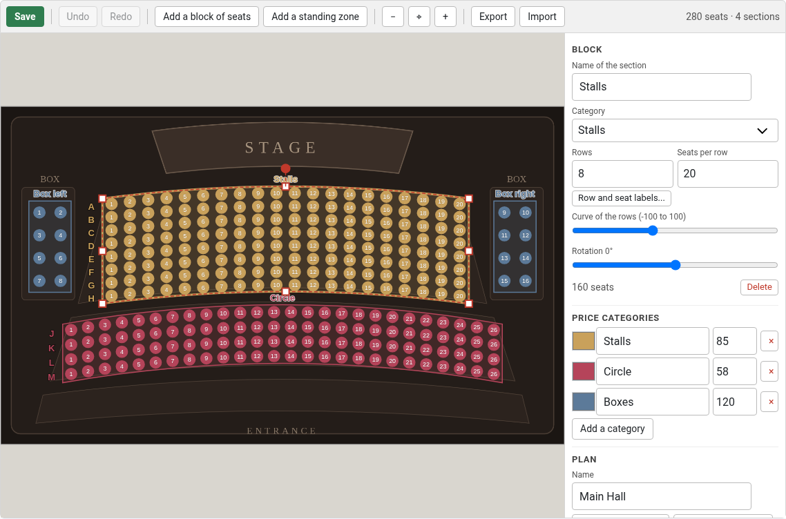 The plan editor: a block of seats that you move, stretch, turn and curve