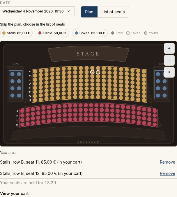 Your visitors pick their seats on the plan of your hall