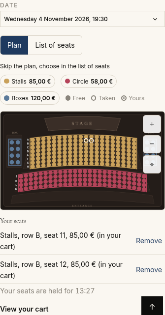 The same plan on a phone, with the list of the seats