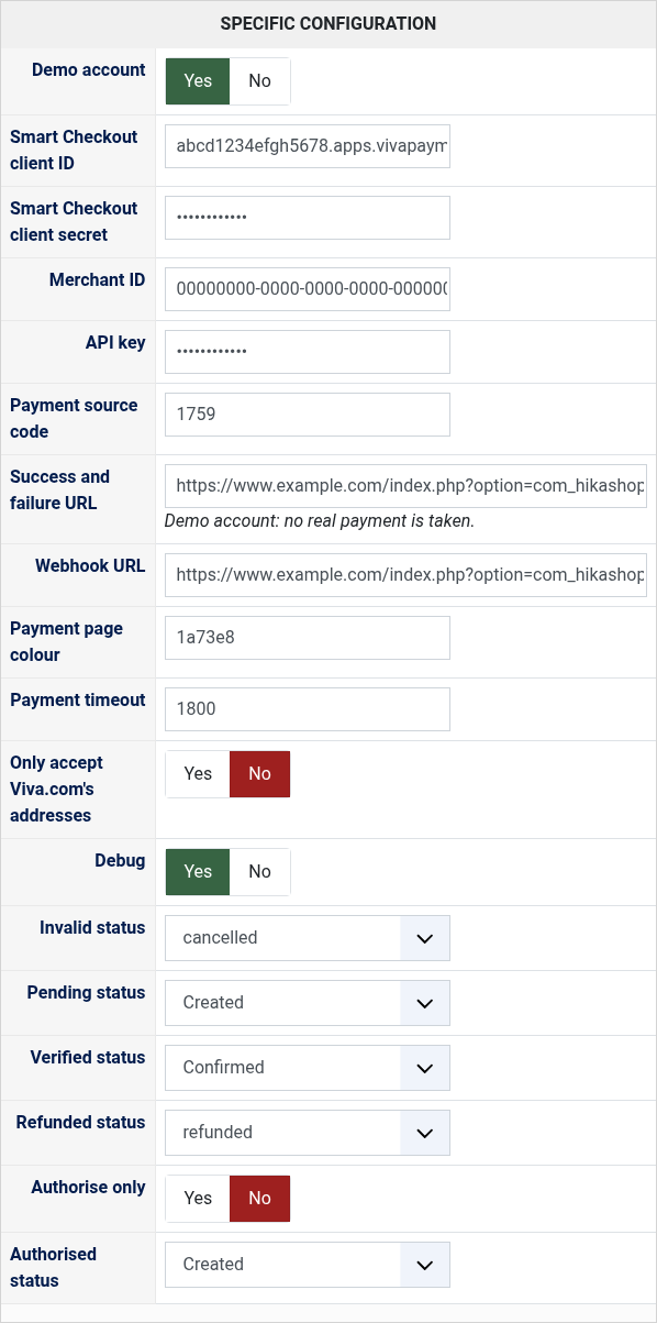 The settings of the Viva.com payment method in HikaShop
