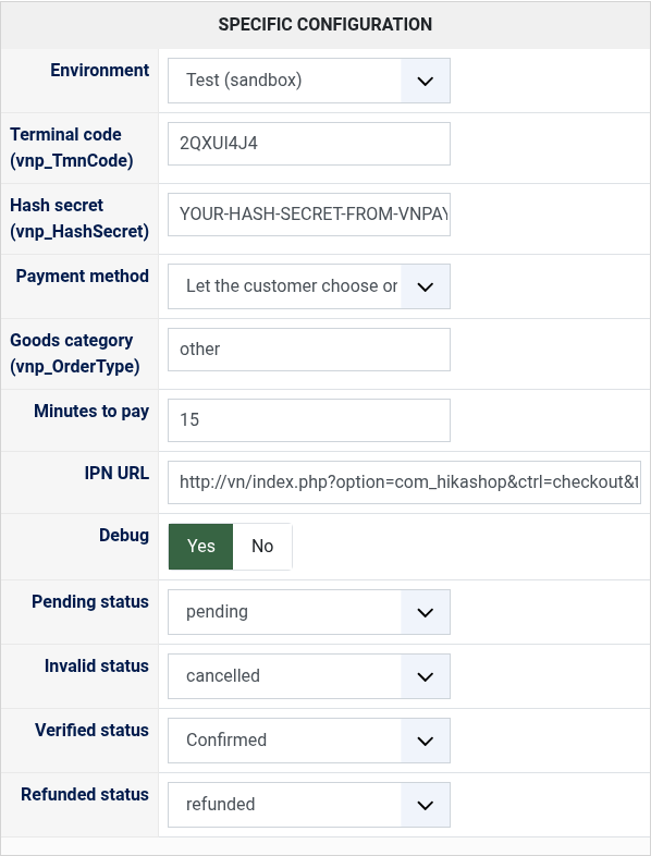 The settings of the VNPAY payment method in HikaShop