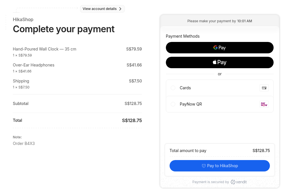 The Xendit payment page with the products of the order, its total, cards, Google Pay, Apple Pay and PayNow QR