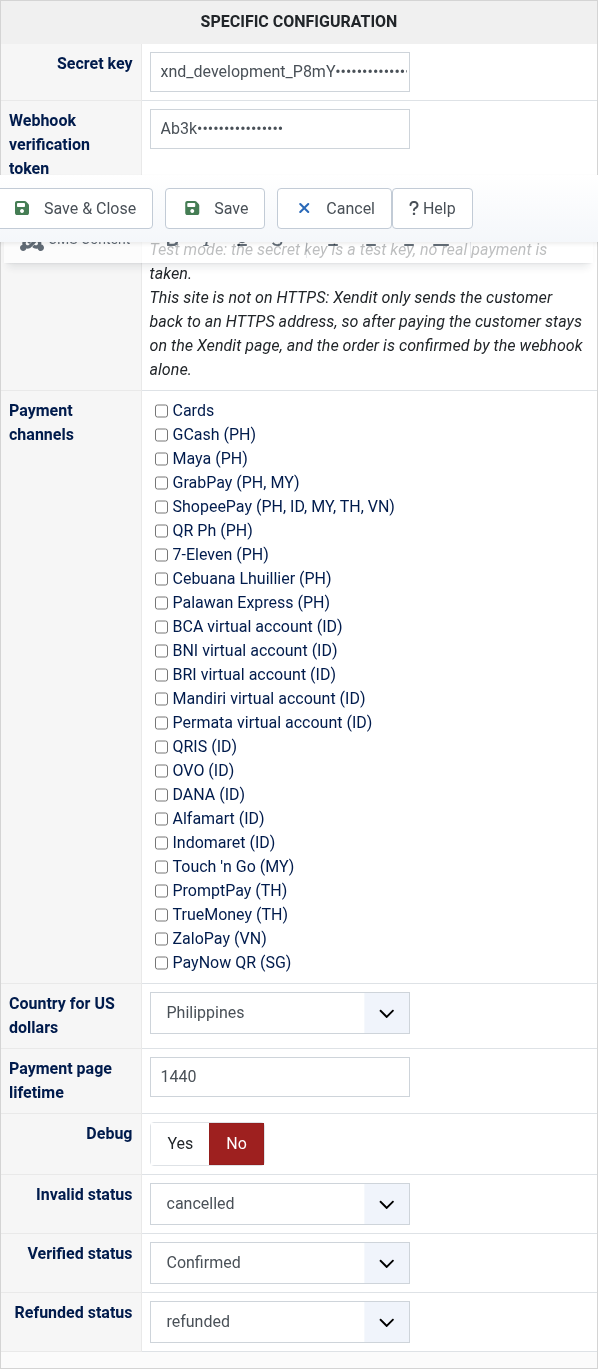 The settings of the Xendit payment method in HikaShop