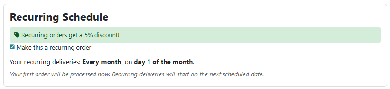 Recurring schedule options on the checkout page