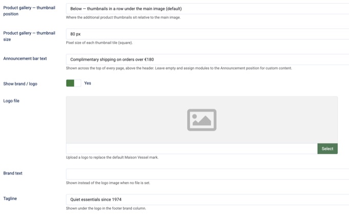 Vessel settings - layout, shop and branding