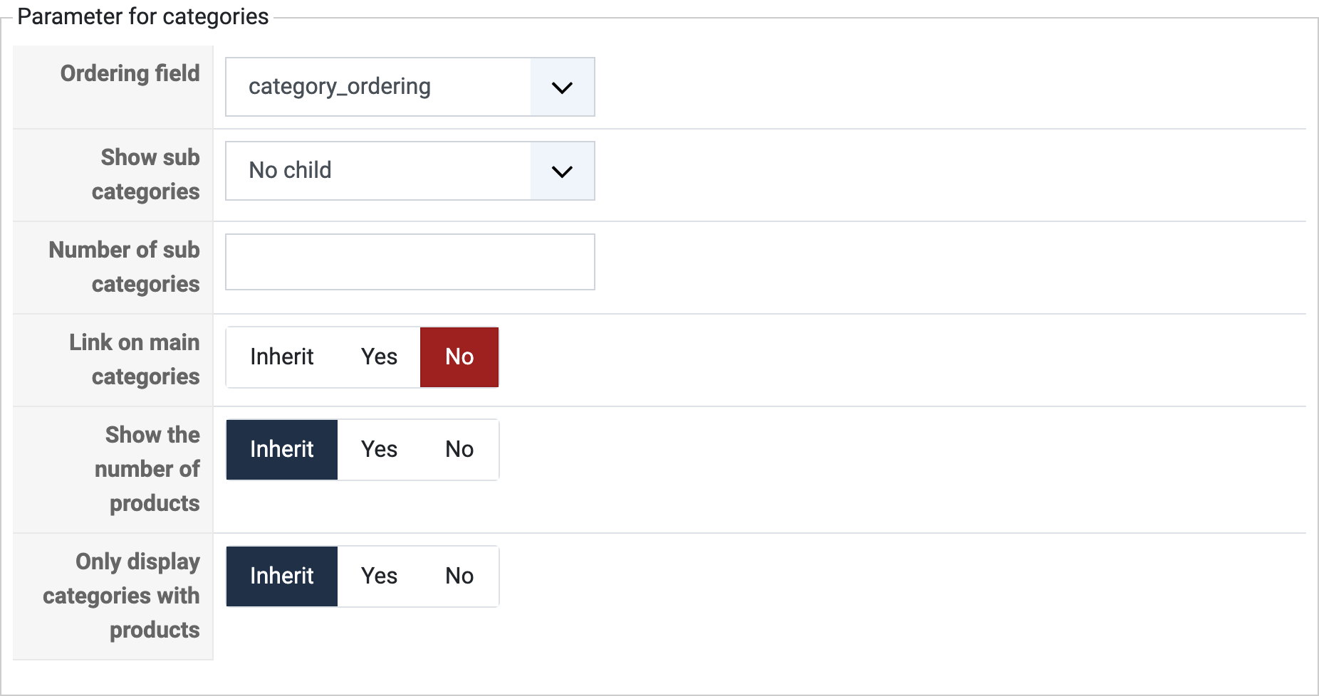 Category options of a content module