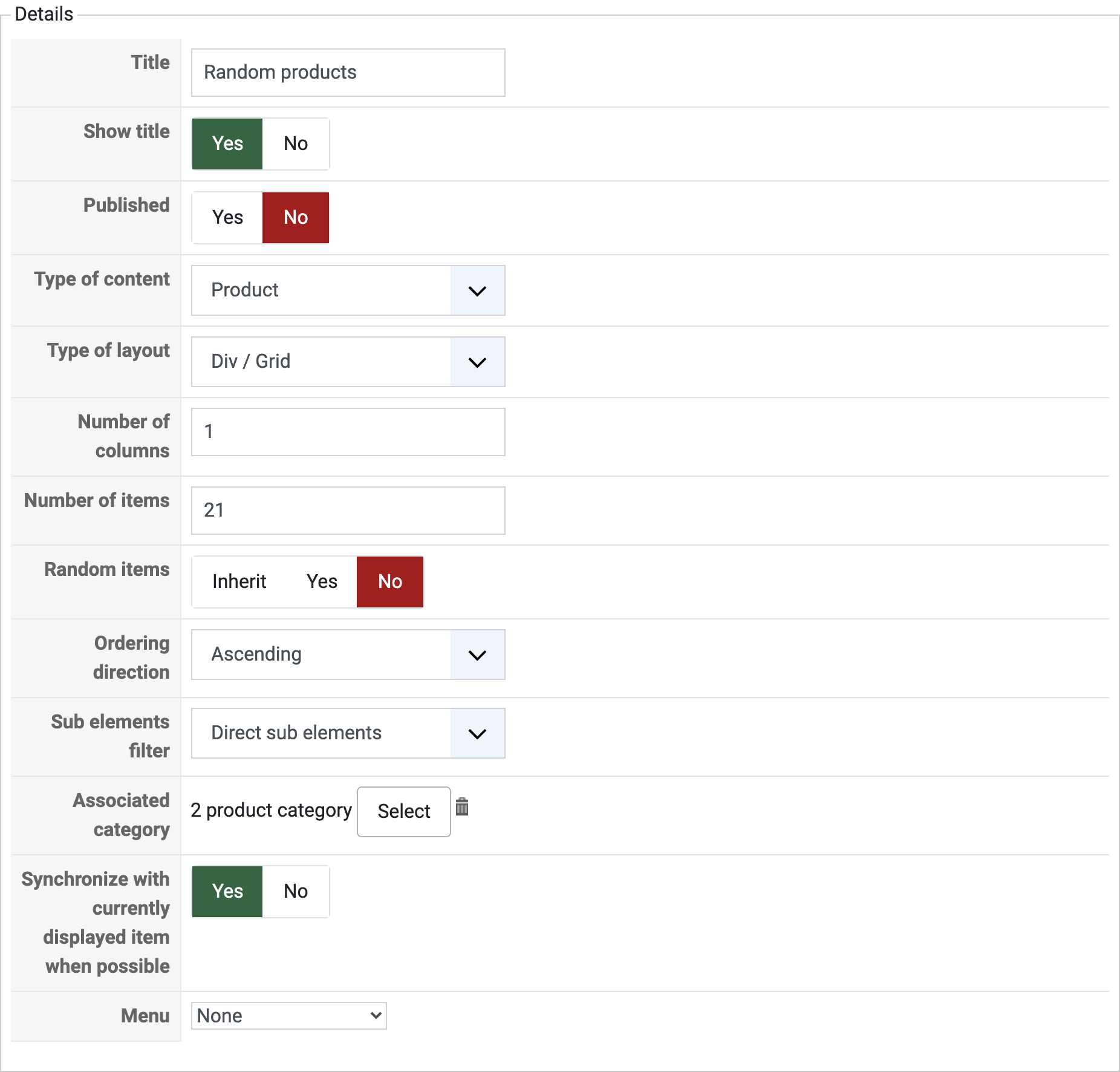 Details of a content module