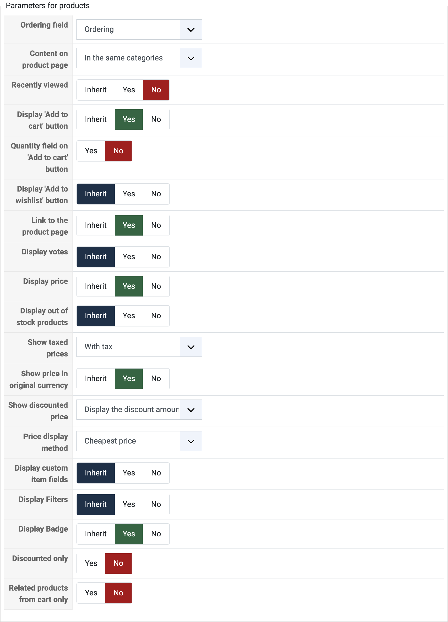 Product options of a content module